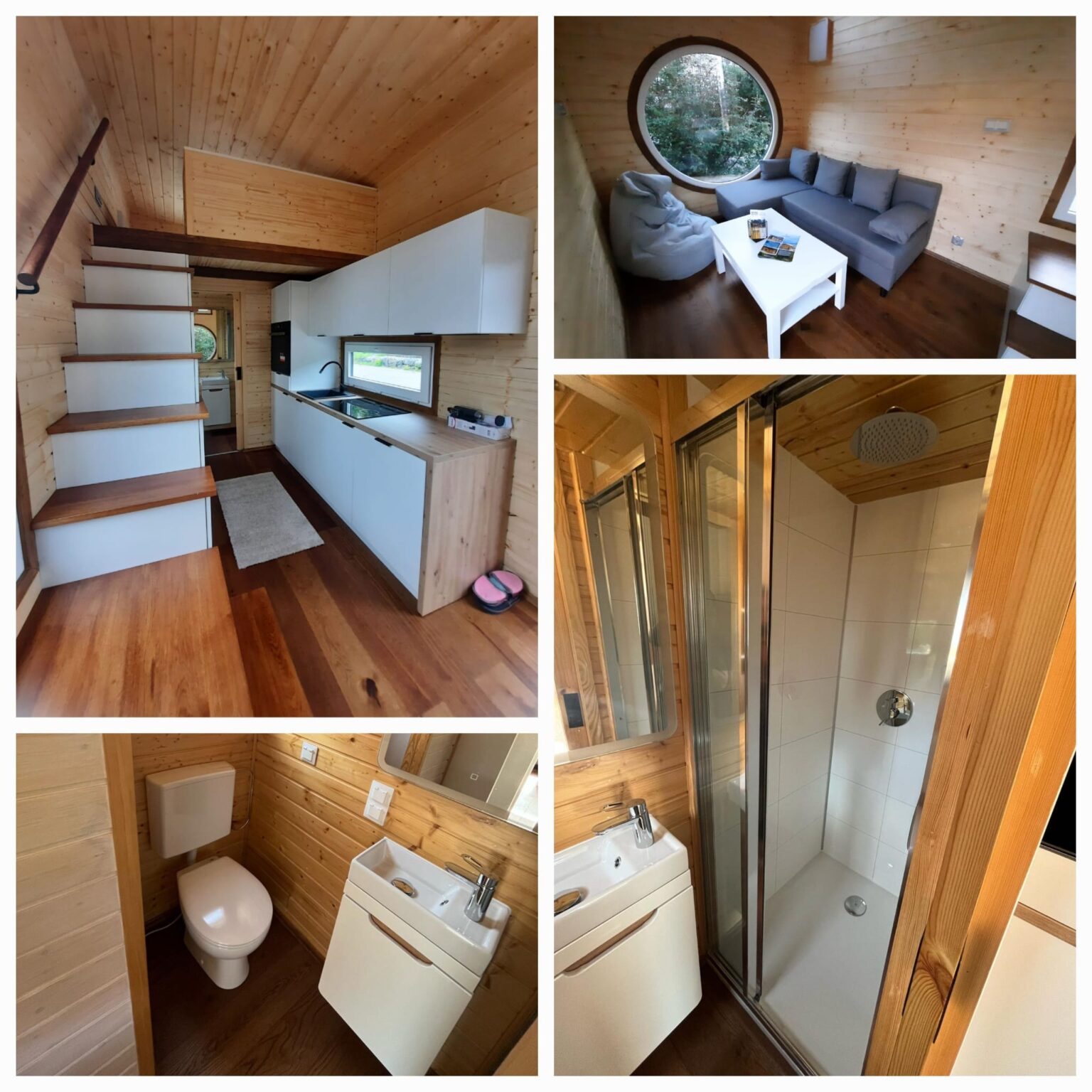 Innenansicht eines modernen Tiny Houses mit Küche, Wohnzimmer, Bad und Dusche – zeigt die kompakte, funktionale Raumaufteilung.